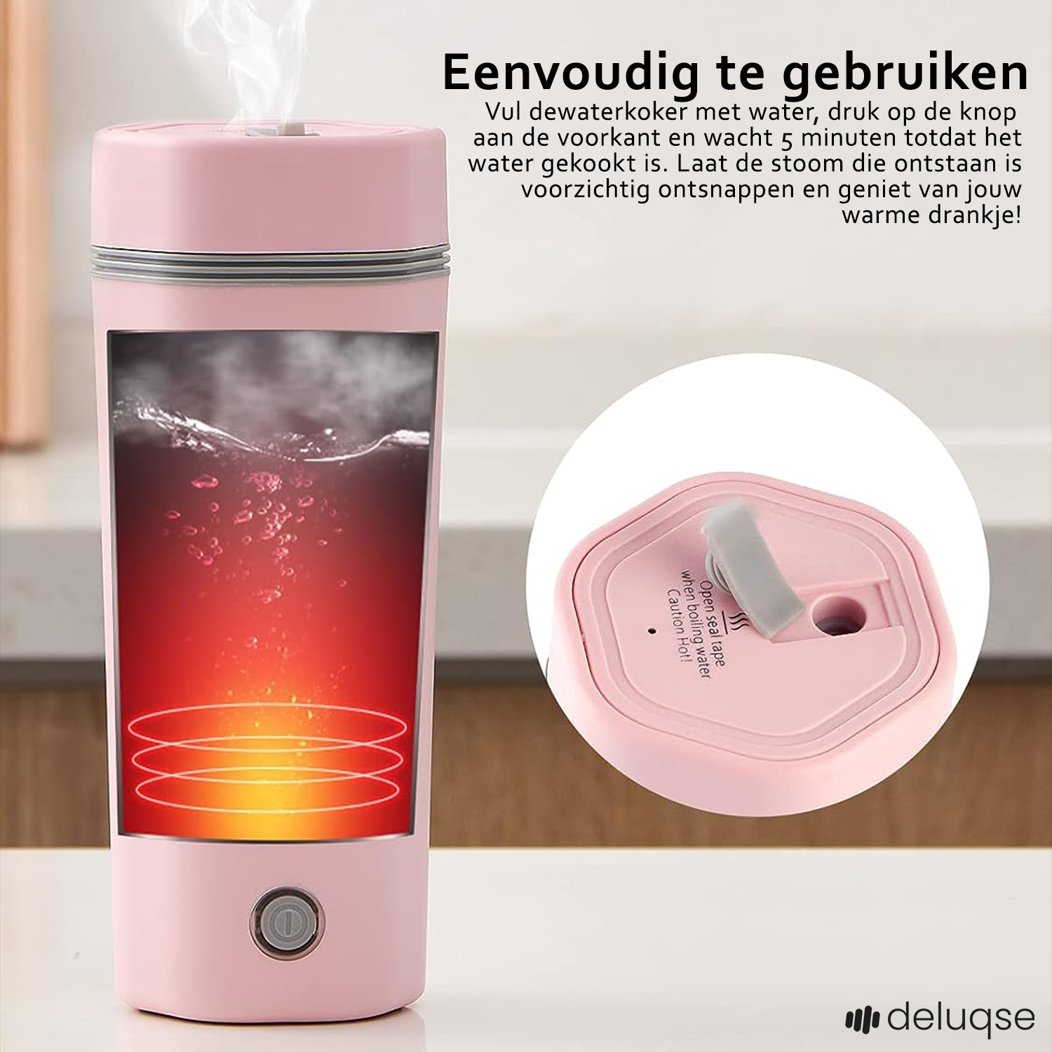 Deluqse Draagbare Waterkoker - Roze - 350ml
